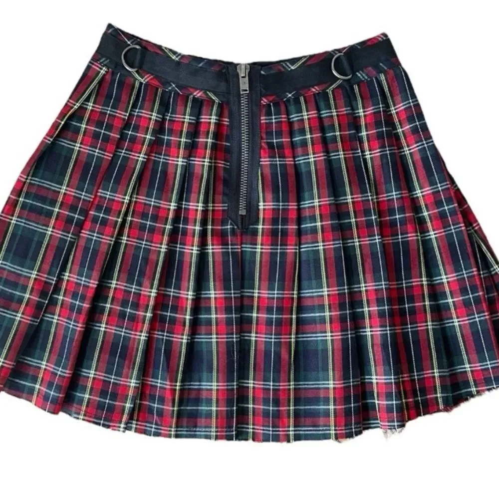 Current Mood Dollskill Red /Navy Tartan Pleated Mini Skirt Ring Belt extra large